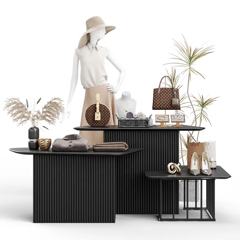 Modern Showroom Black Clothes Handbag Display Black Wood Women Shoes Store Display Rack For Retail Store