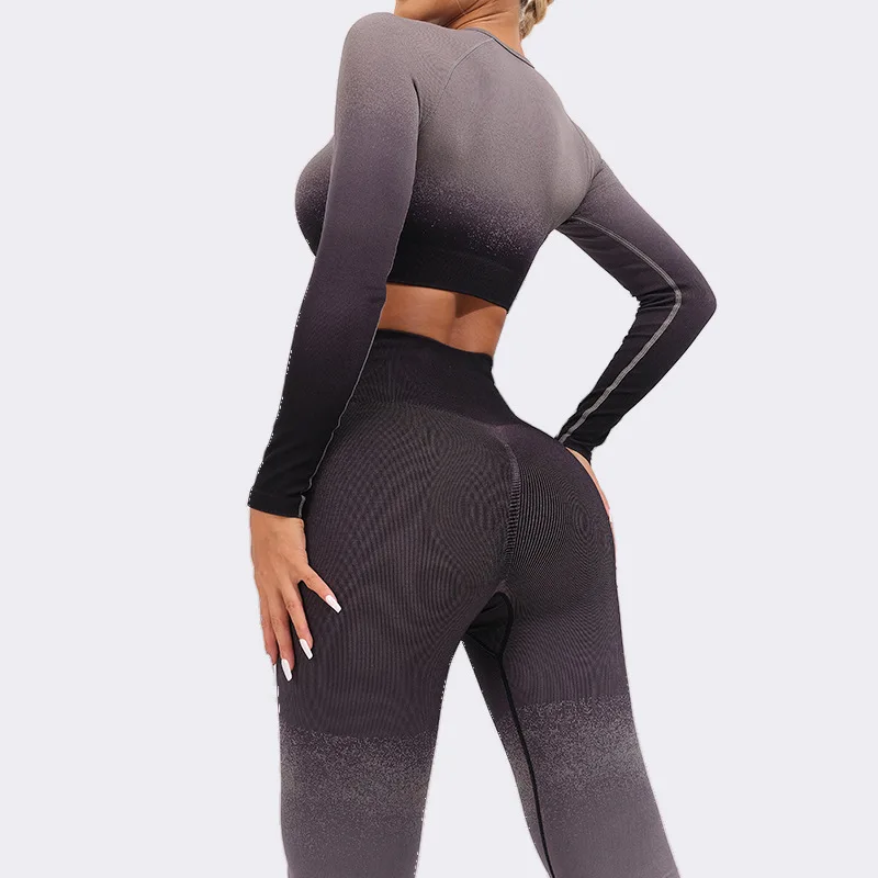 Seamless Women Yoga Set Workout Tracksuit Sportswear Gym Clothing Fitness Long Sleeve Crop Top High Waist Leggings Gradient Suit