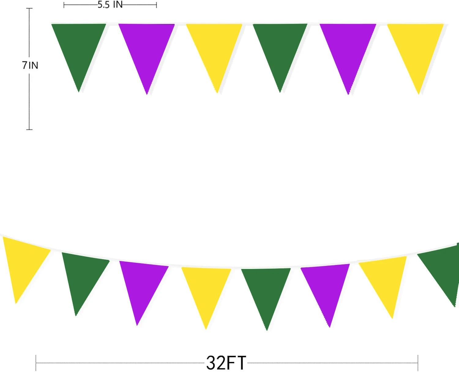 32Ft Long Mardi Gras Party Decorations - Yellow Green Purple Pennant Banner Triangle Flag Bunting Garland Streamer for Birthday - view 2