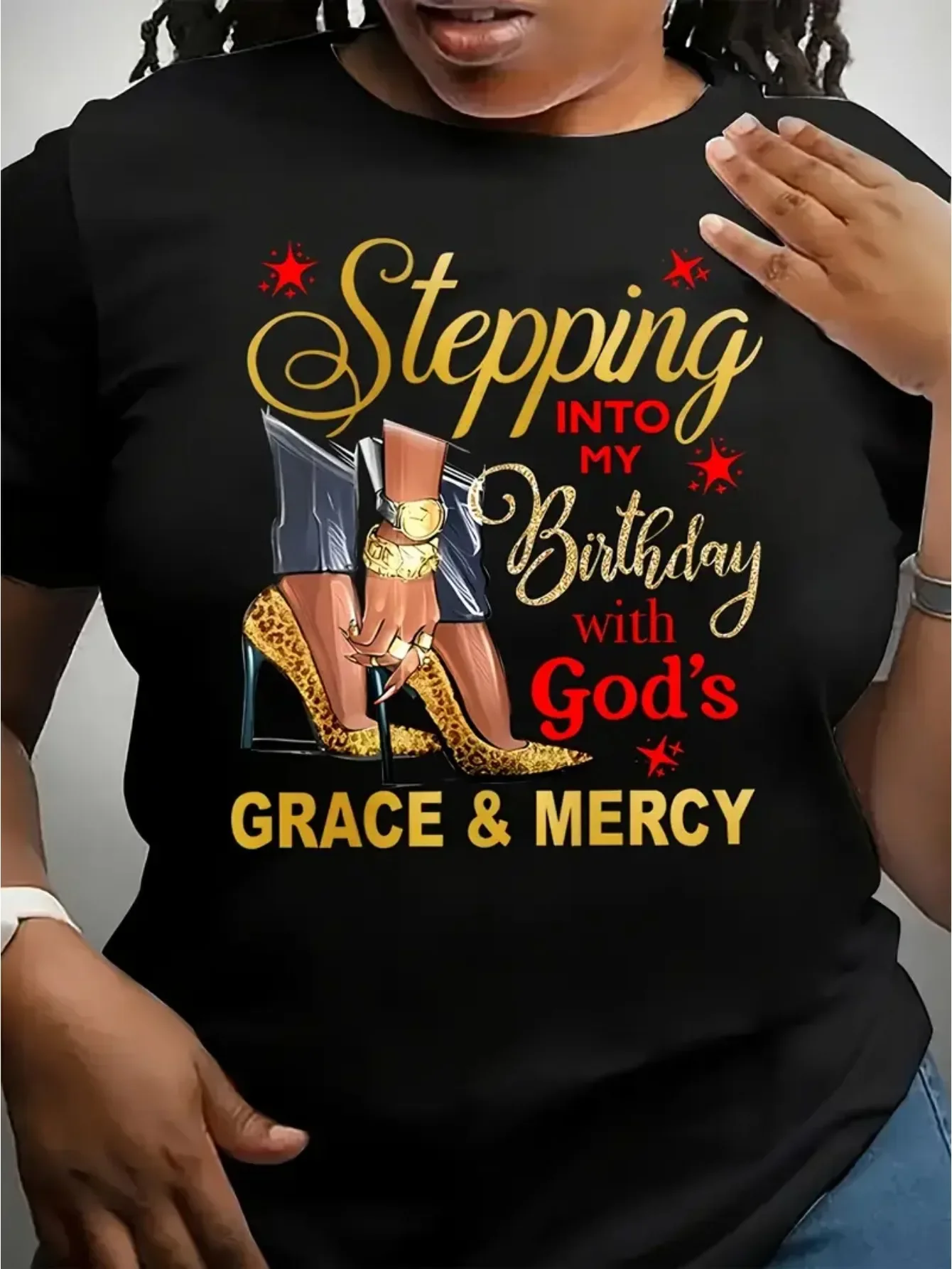 2026 's Plus Size Black Religious T-Shirt - Golden 