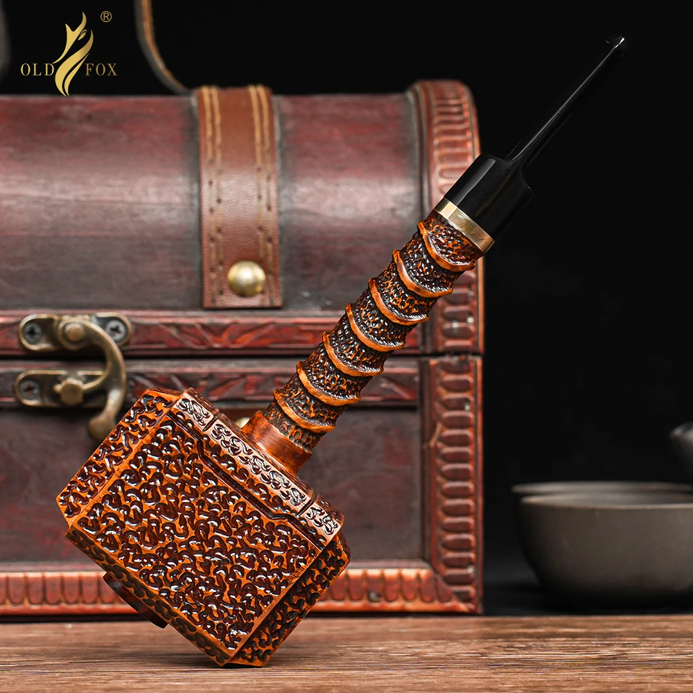 OLD FOX Briar Smoking Pipe Dark Carved Thor's Hammer Silver Band Black Stem 3mm Filter Pipe Pipe Gift for Dad