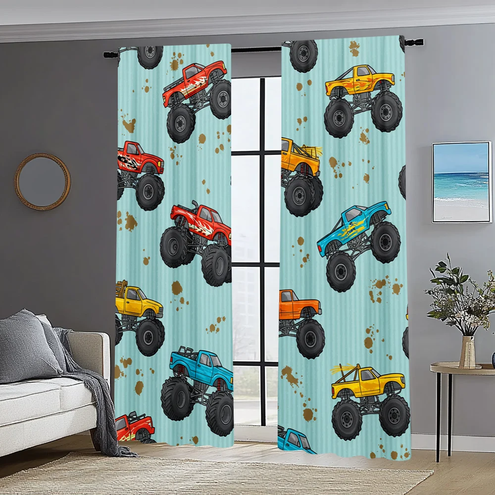 2pc, Scene Curtain Cute Monster Truck Versatile Fabric,Without Electricity Holiday Decorations Use for translucent polyester