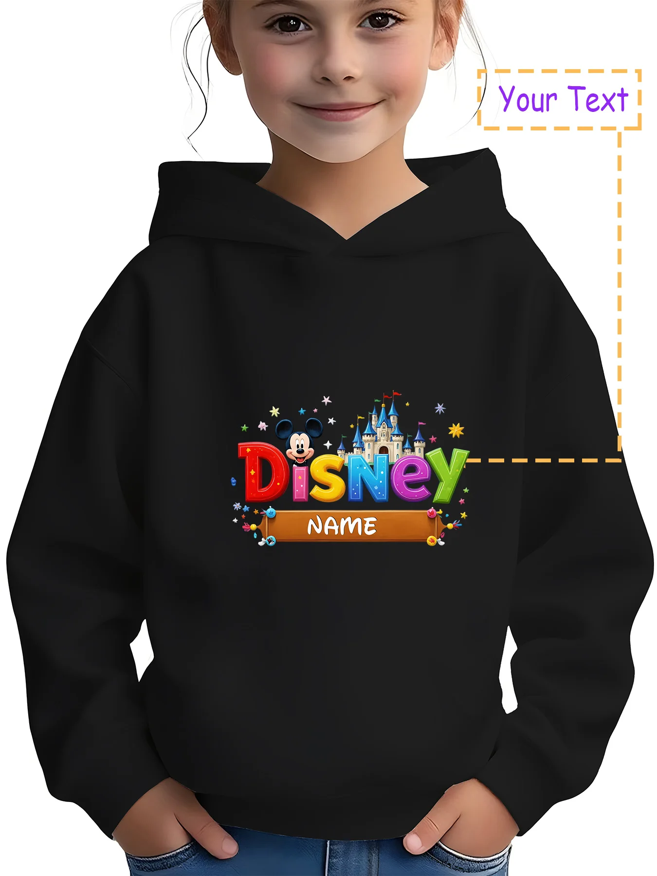 

MINISO Disney Castle Custom Hoodie - Colorful Letters + Mickey Castle, suitable for park play and daily school, customized with
