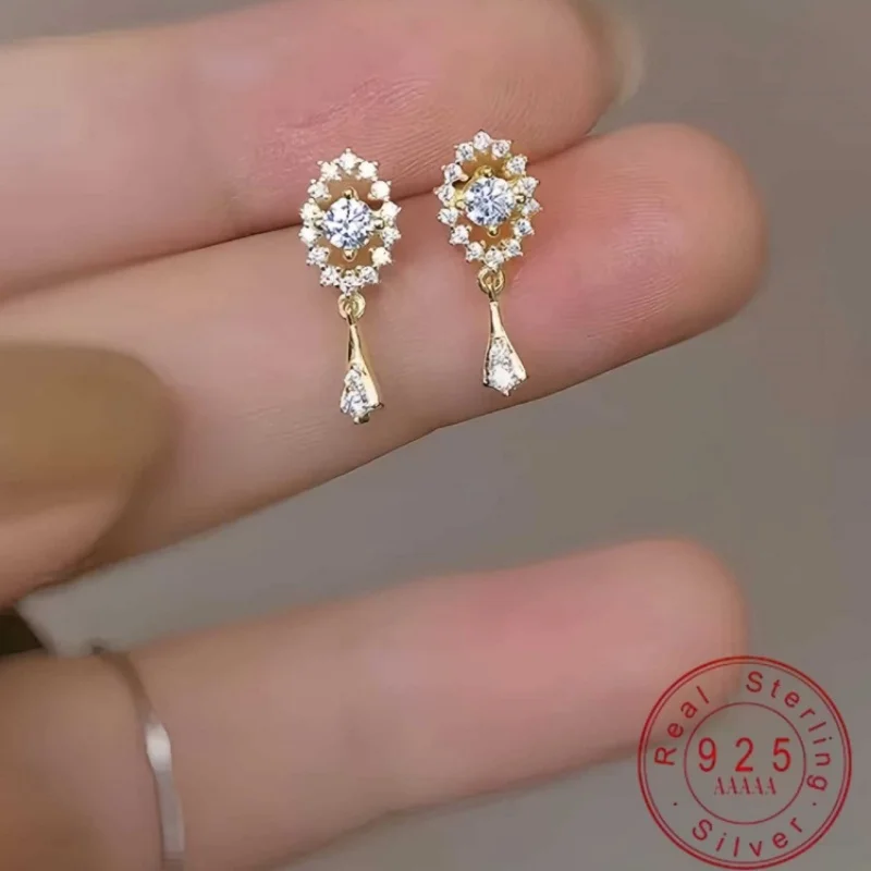 Vintage CZ Zircon Drop Earrings, 925 Sterling Silver Gold Plated Teardrop Crystal Dangle Earrings, Fine Jewelry Gift for Women