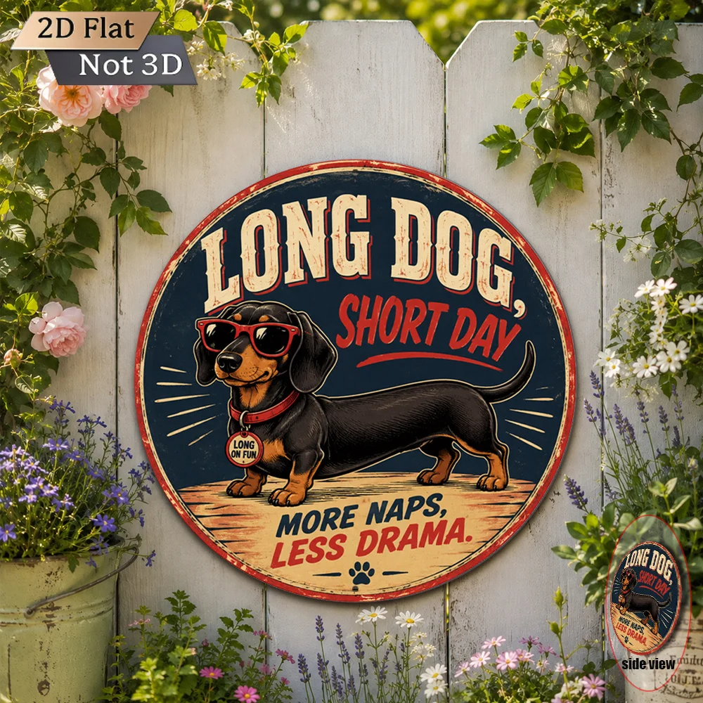 2D Flat - 1pc 2D Flat 8X8 Inch (20X20Cm) Round Metal Aluminum Sign Vintage Wall Decor Pet Lover Fun Cute Dachshund with Sunglass