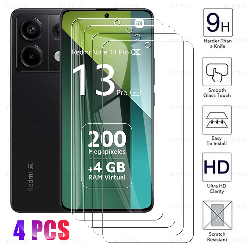 4Pcs Glass For Redmi Note 13 Pro 5G Glass For Xiaomi Xiomi Redmy Radmi Readme Redme Note13 13Pro Note13Pro 4G Screen Protectors