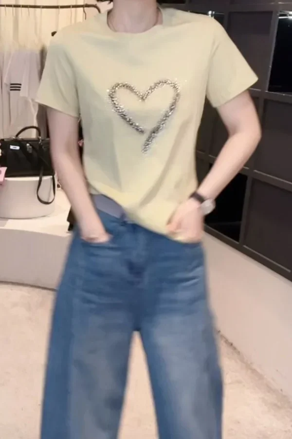 

Женская футболка из чистого хлопка с круглым вырезом и коротким рукавом с принтом ромбовидного сердца, свободный повседневный элегантный топ XQ605