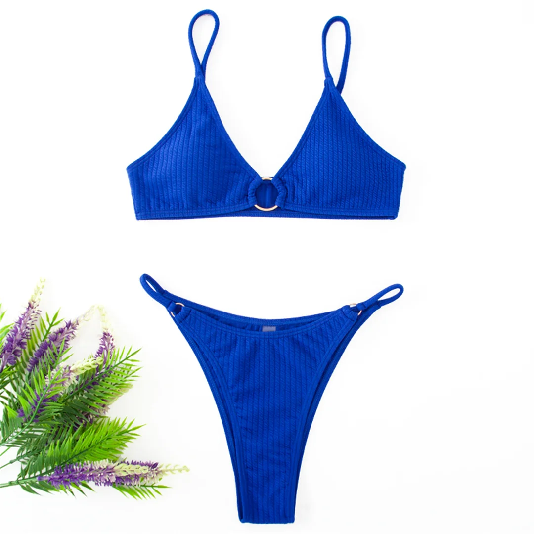 Gerippter Metallring-Bikini, zweiteiliger Damen-Badeanzug, Damen-Badebekleidung, hoch geschnittene Beine, gepolsterter Badeanzug, Badeanzug, Schwimmkleidung V7120 – Detail 30