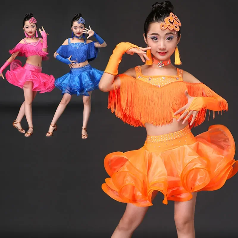 Children Tassel Latin Dance Dress Sequin Girls Latin Dance Costume for Competition Kids Modern Ballroom Dance Dress Dancewear