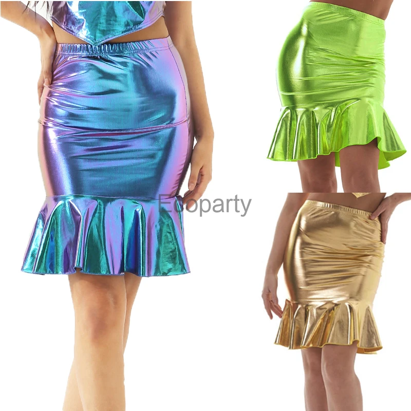 2024 New Shiny Rave Outfits Holographic Mermaid Skirt Elastic Waist Wetlook Metallic Skirt Knee Length Bodycon Pencil Skirt