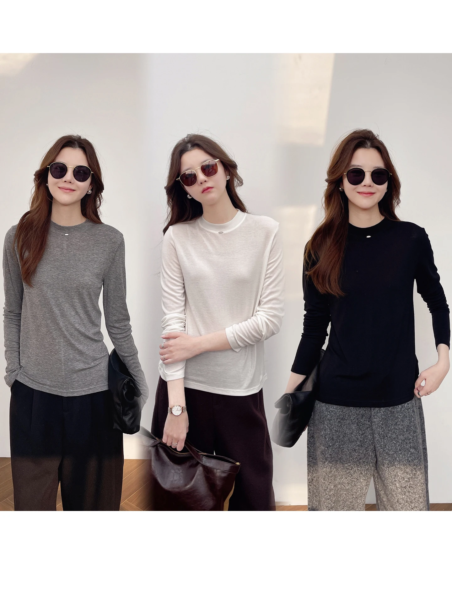 

Korean Faion Soft Skin-friendly Lyocell Wool Long Sve round Ne Women's Basic T-irt Casual Sle Straight Cut