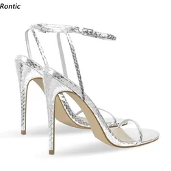 Rontic sandali estivi da donna fatti a mano modello serpente tacchi alti a spillo punta tonda scarpe da festa in argento da donna taglia usa 5-20