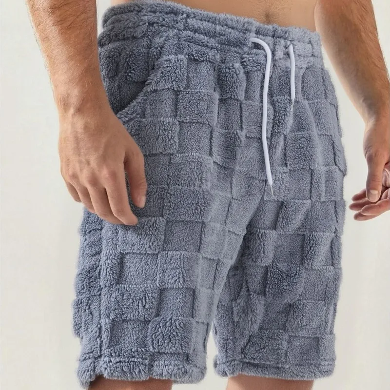 

High Street Fashion New Straight Furry Checkered Personality Warm Sports Casual Men's Shorts