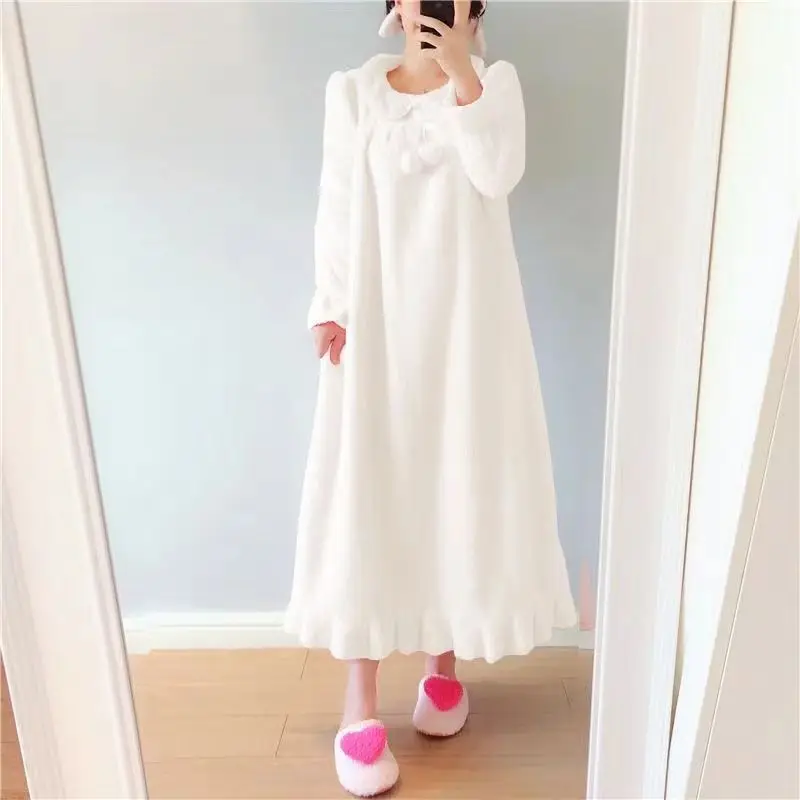 Large Size Long Sleeve Thick Warm Flannel Solid Nightgowns For Women New Autumn Winter Sweet Girl Sleepwear Nightdress Nighty