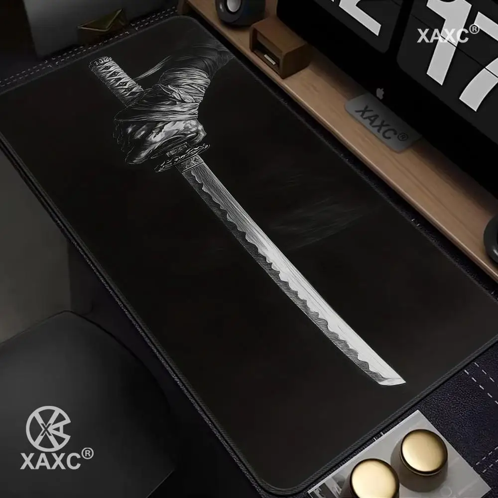 

Black Aesthetic Samurai Sword Mouse Pad Gaming mats Non-Slip Desk Mat mouse carpet with Stitched Edge printing Office mat HYBXXC