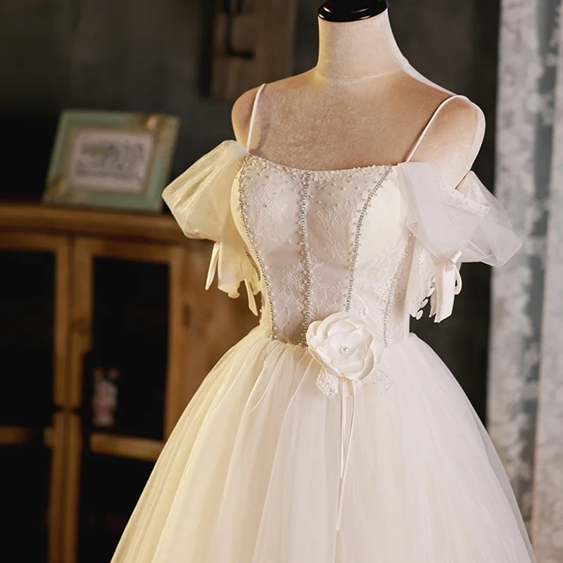 AnXin SH Prinzessin weiße Rose Blume Spitze Spaghettiträger Party Perlen Kristall kurzes individuelles Abendkleid kleines weißes Kleid