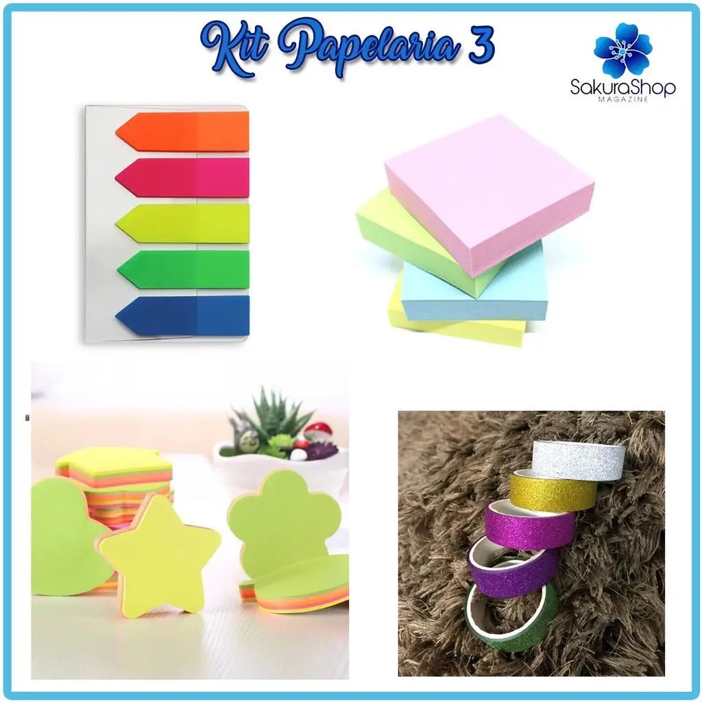 Kit Papelaria 3 - Washi Tape Marcador de Páginas Bloco Adesivo