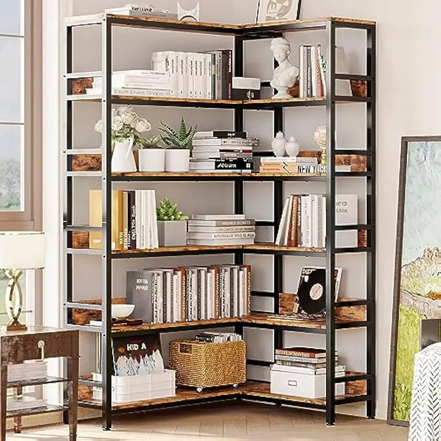 Industrial Bookshelves 6 Tiers Corner Bookcases with Baffles  Shelf Storage Rack with Metal Frame for Living Room Home Office