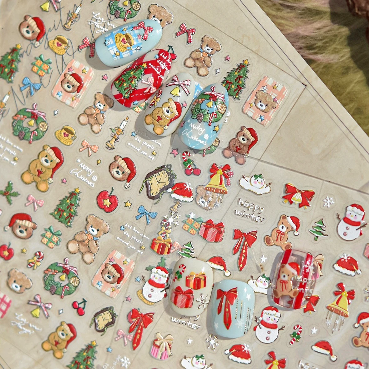 

Christmas Tree Bear Apple Snowman Garland Candle Gift Snowflake Santa Claus Crystal Ball Winter Bowknot Nail Art Stickers Decals