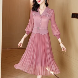 Pleated Dress 2024 Spring/Summer New Suit Collar Bubble Sleeves Slimming Elastic Waist Mesh Splice Magic Dress