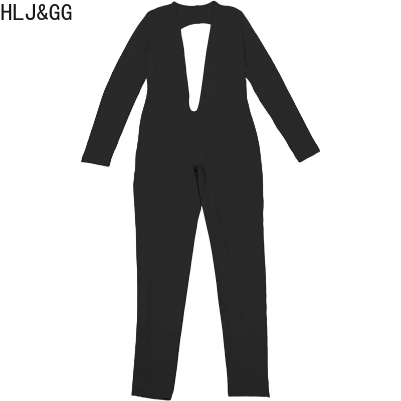 HLJ & GG بدلة قفز مثيرة عميقة على شكل حرف V بدون ظهر قطعة واحدة بدلة لعب نسائية ضيقة بأكمام طويلة موضة أنثى نادي الحفلات الصلبة بشكل عام
