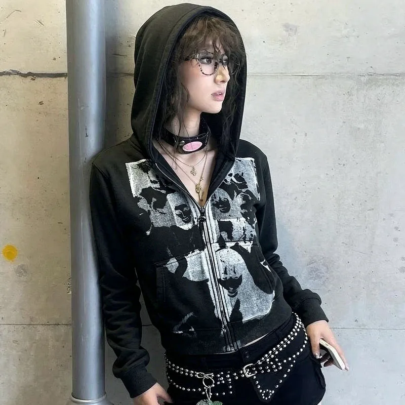 Punk Y2K Loose Super Zipper Hoodie Female Retro Abstract Portrait Print Coat Garbage European American Street Men Women's Coats