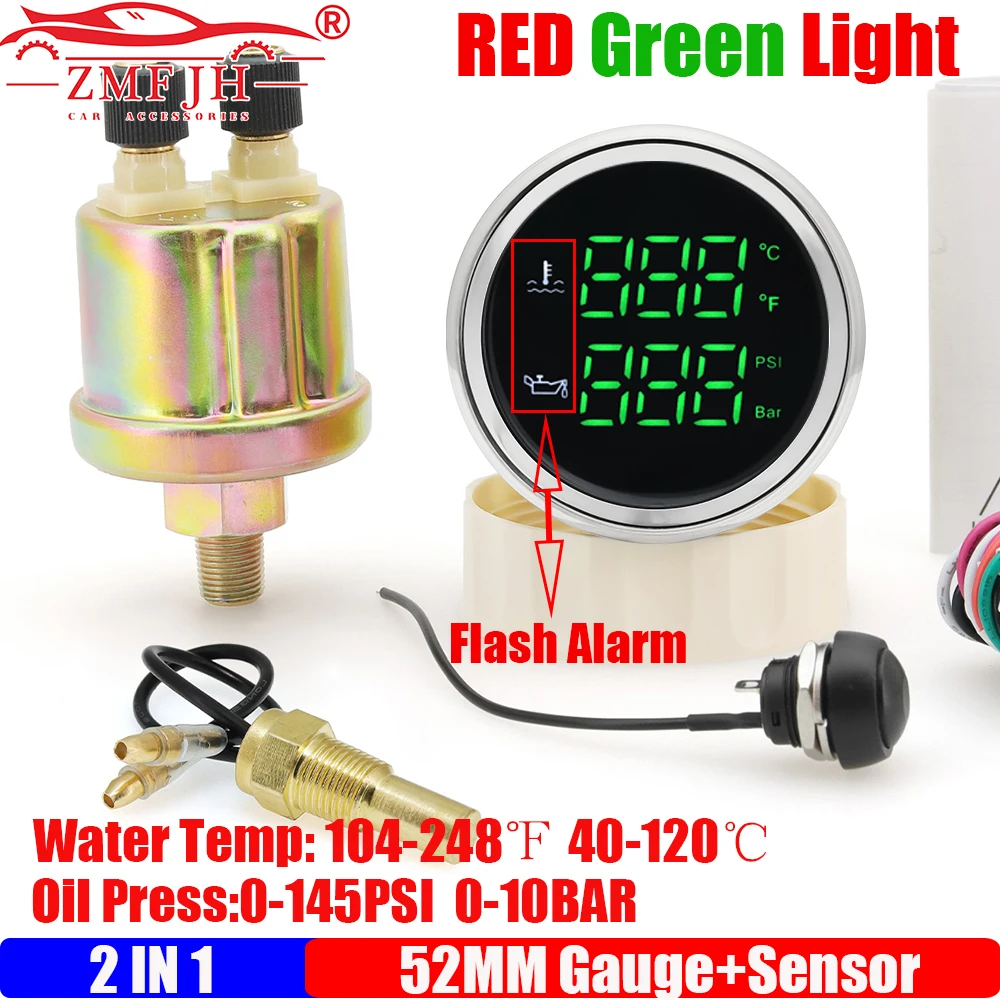 

ZMFJH 2 IN 1 52mm Car Water Temperature+Oil Pressure Meter with Temp/Oil Press Sensor Alarm Green Red Light Universal Boat Auto