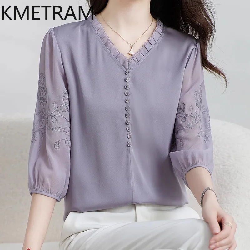 

KMETRAM 91% Mulberry Silk T Shirt Woman V-neck Summer Tops for Woman Clothing High Quality Elegant Woman T Shirt 2025 New Tops