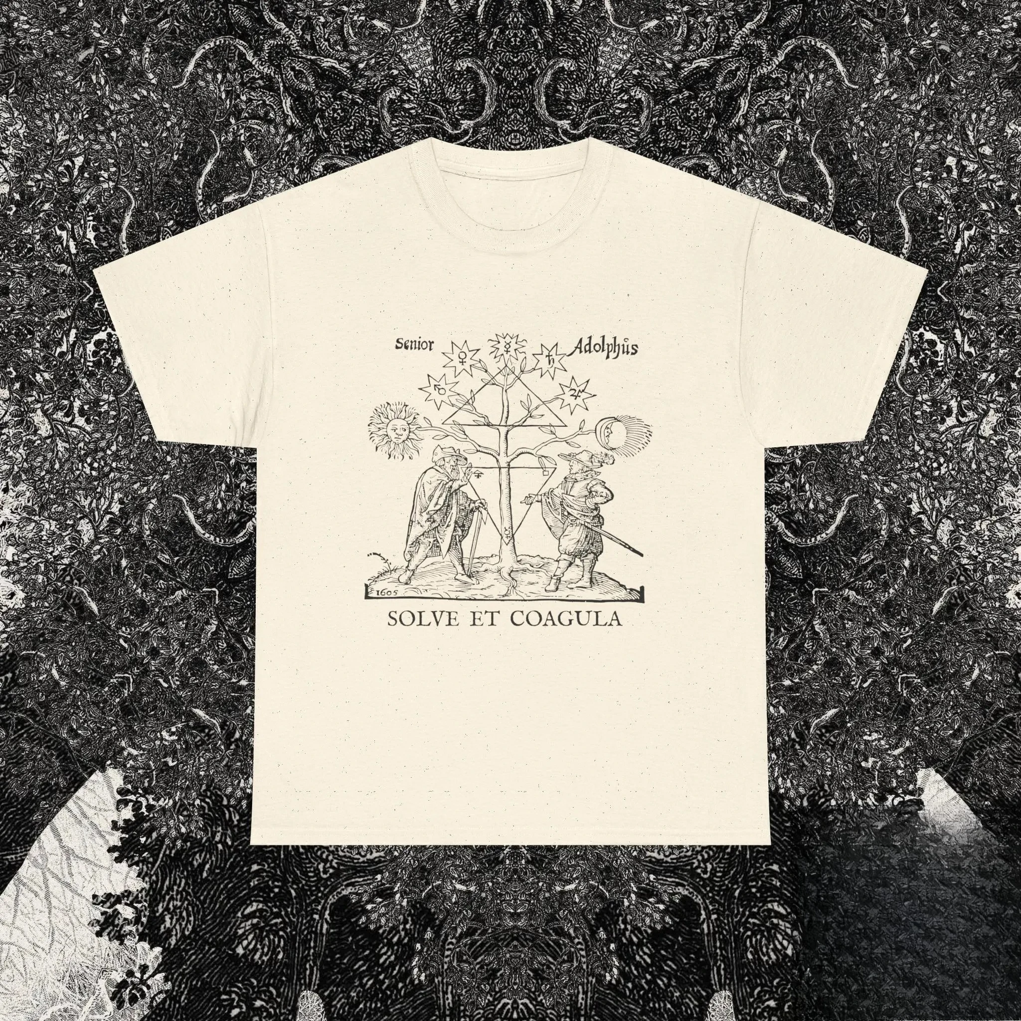 Best Selling Fashion Solve Et Coagula Shirt Alchemical Tree of Life Tee Hermetic Occult Symbolism T Shirt Dark Design Text Below