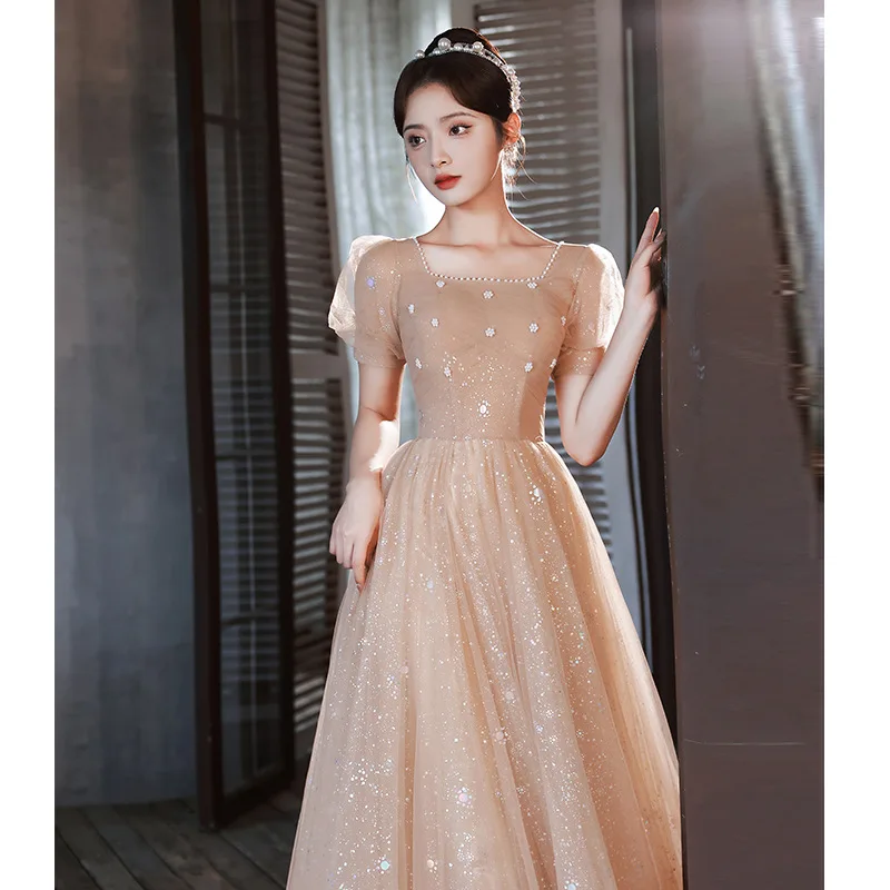 Women Elegant Square Neck Evening Dress French Lacing Up Tulle Prom Dresses Long Formal Vestidos De Fiesta