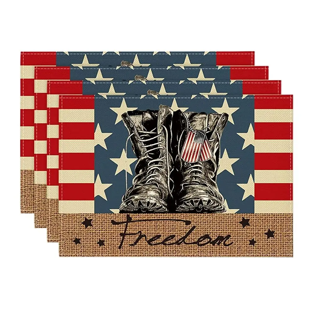 Placemats for dining table decoration, with stripes, stars, boots, peace, 4th of July, 12x18 inch, set of 4