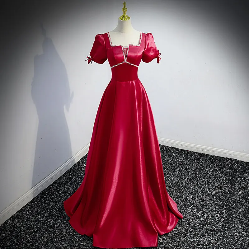 

Evening Dress Square Collar Bow Short Sleeves Floor-Length Simple Elegant Lace Up A-Line New Satin Party Formal Gown Woman B2076