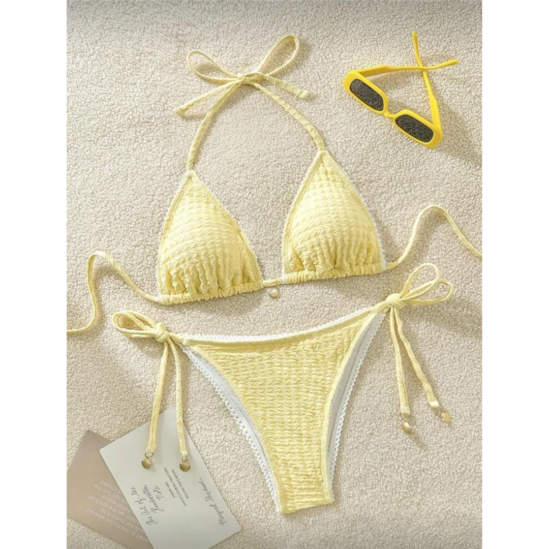 Zweiteiliges Bikini-Set mit hoch geschnittenen Beinen, Badeanzug, Badebekleidung, geraffter, knitteriger Halter-Bikini, Damen-Badebekleidung, Damen-Badeanzug M125 – Detail 12
