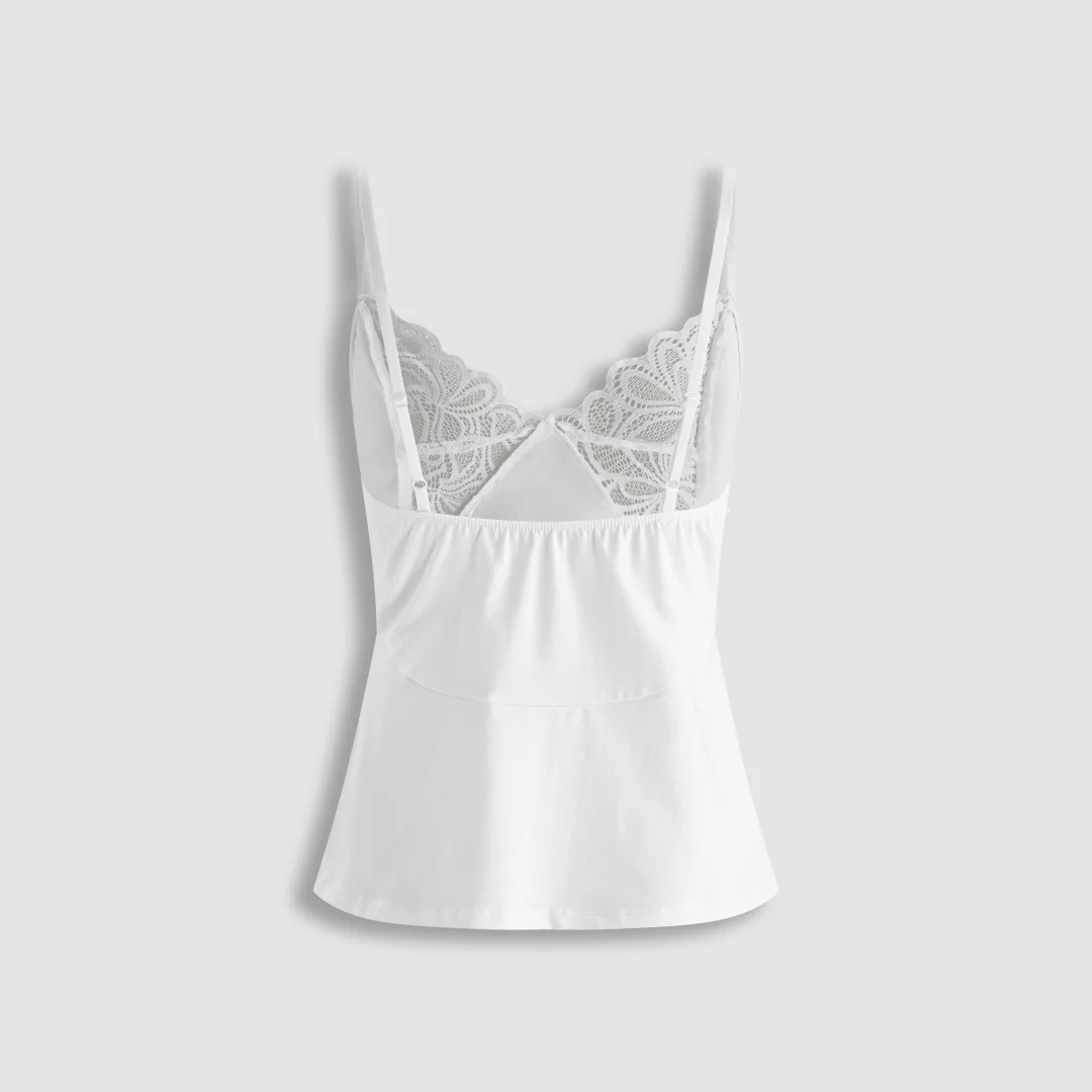 Women Basic Cotton‑Blend Camisole V‑Neck Lace Trim Spaghetti Strap Sleeveless Slim Fit Layering Tank Top For Ladies Daily Wear