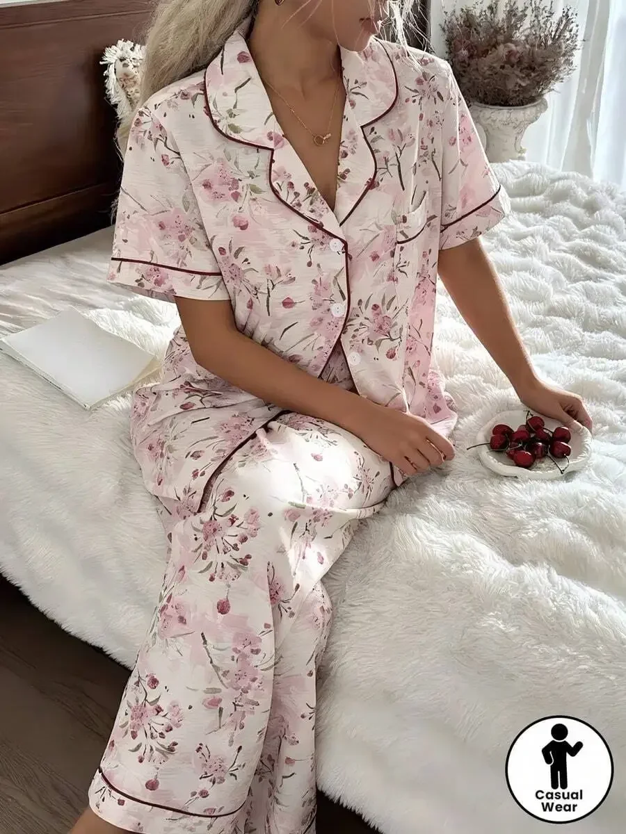 

Floral Womens Short Sleeve Pajama Set With Pants, Breathable Comfortable Sleepwear For Home Or Vacation