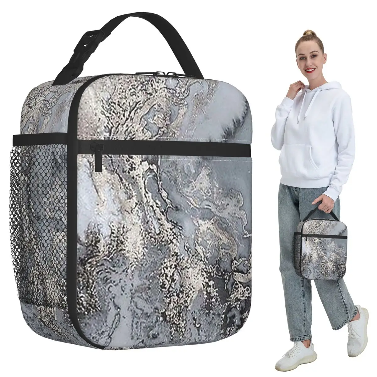 

Серая и серебристая мраморная термосумка для обедов для женщин, офисная термосумка-холодильник для еды, портативный контейнер для ланчей