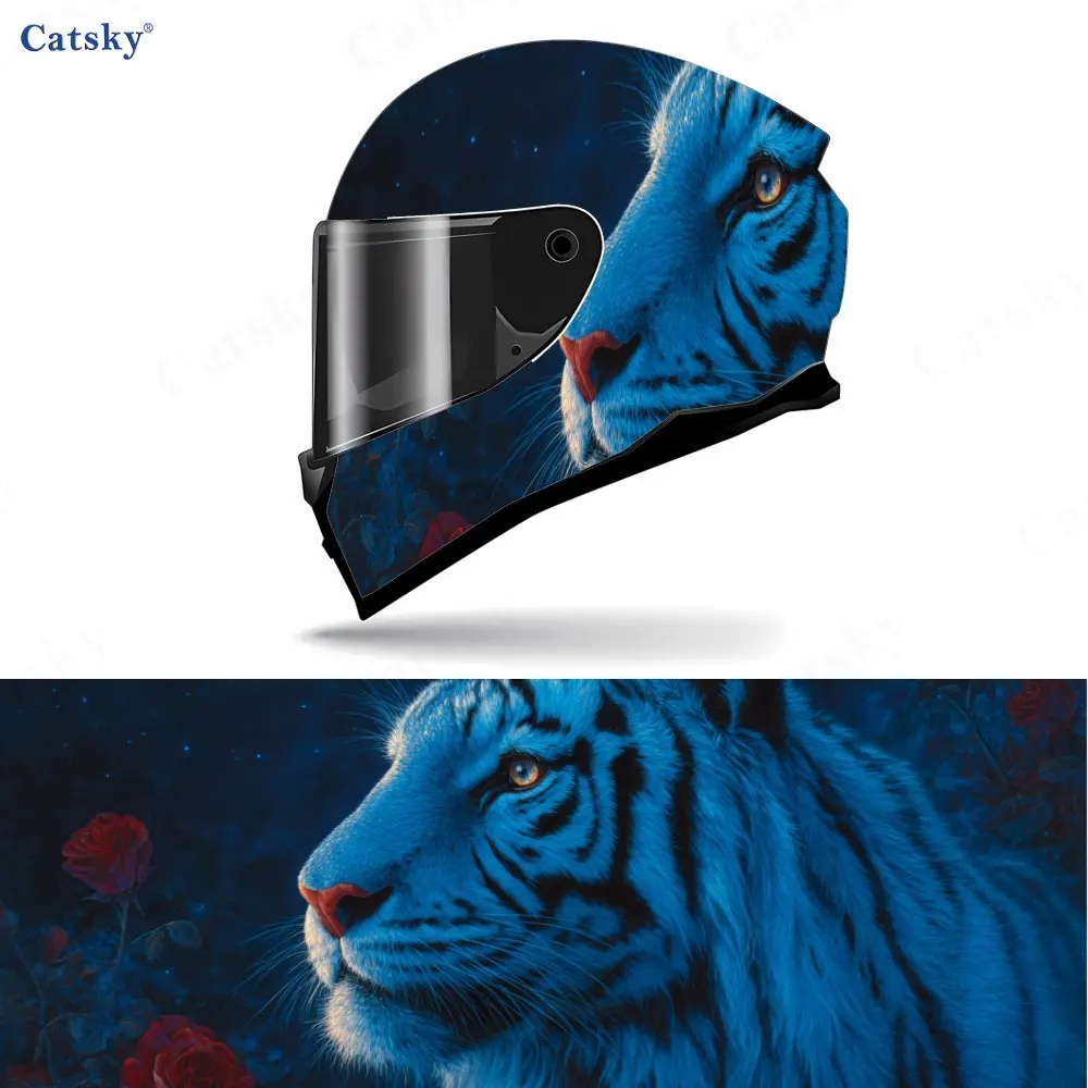 

Dark Style Rose and Blue Tiger Helmet PVC Protective Sticker, Motorcycle Helmet Exterior Decorative Accessory, Waterproof & Self