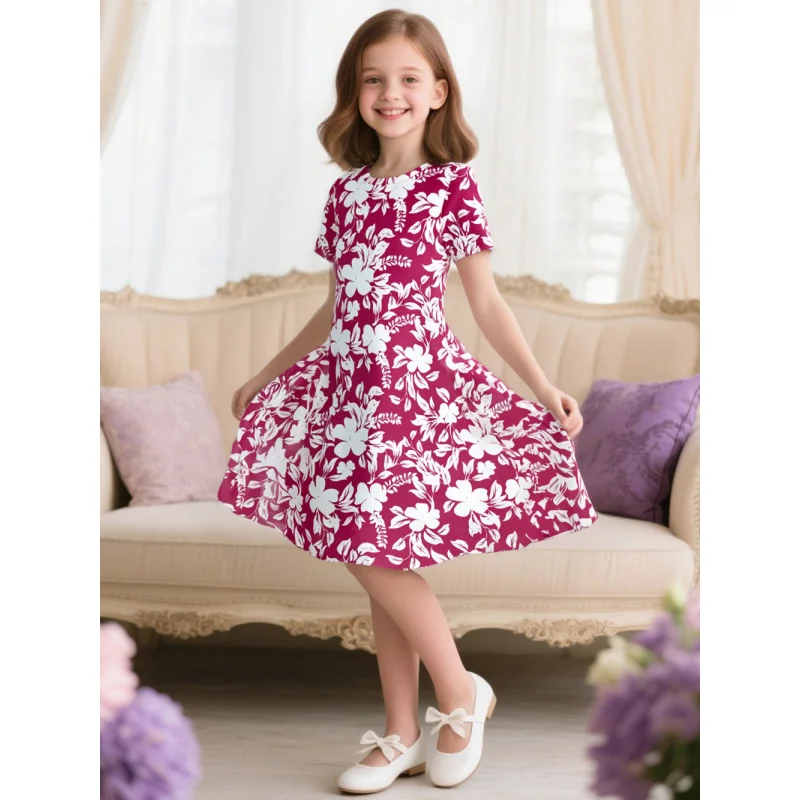 

2025 Girls Vintage Floral Element Printed Dress, Sweet and Elegant Princess Style Short Sleeve Dress