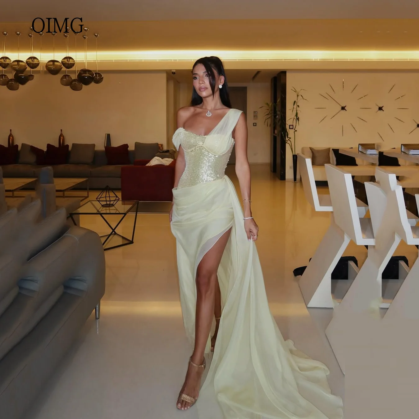 Oimg na moda fora do ombro amarelo sereia vestidos de baile glitter sem costas formal vestido de festa fenda lateral vestido de noite personalizado