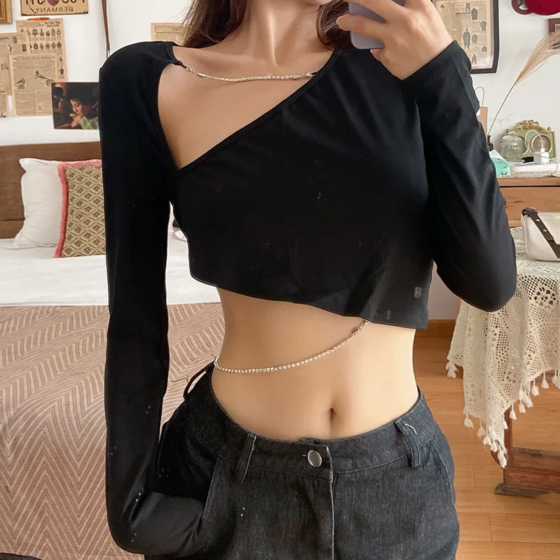 Women's Black Gothic Emo T-Shirt Y2K Gyaru Dark Style Long Sleeve T-Shirt Vintage Korean style Cropped Tee Top for Women Autumn