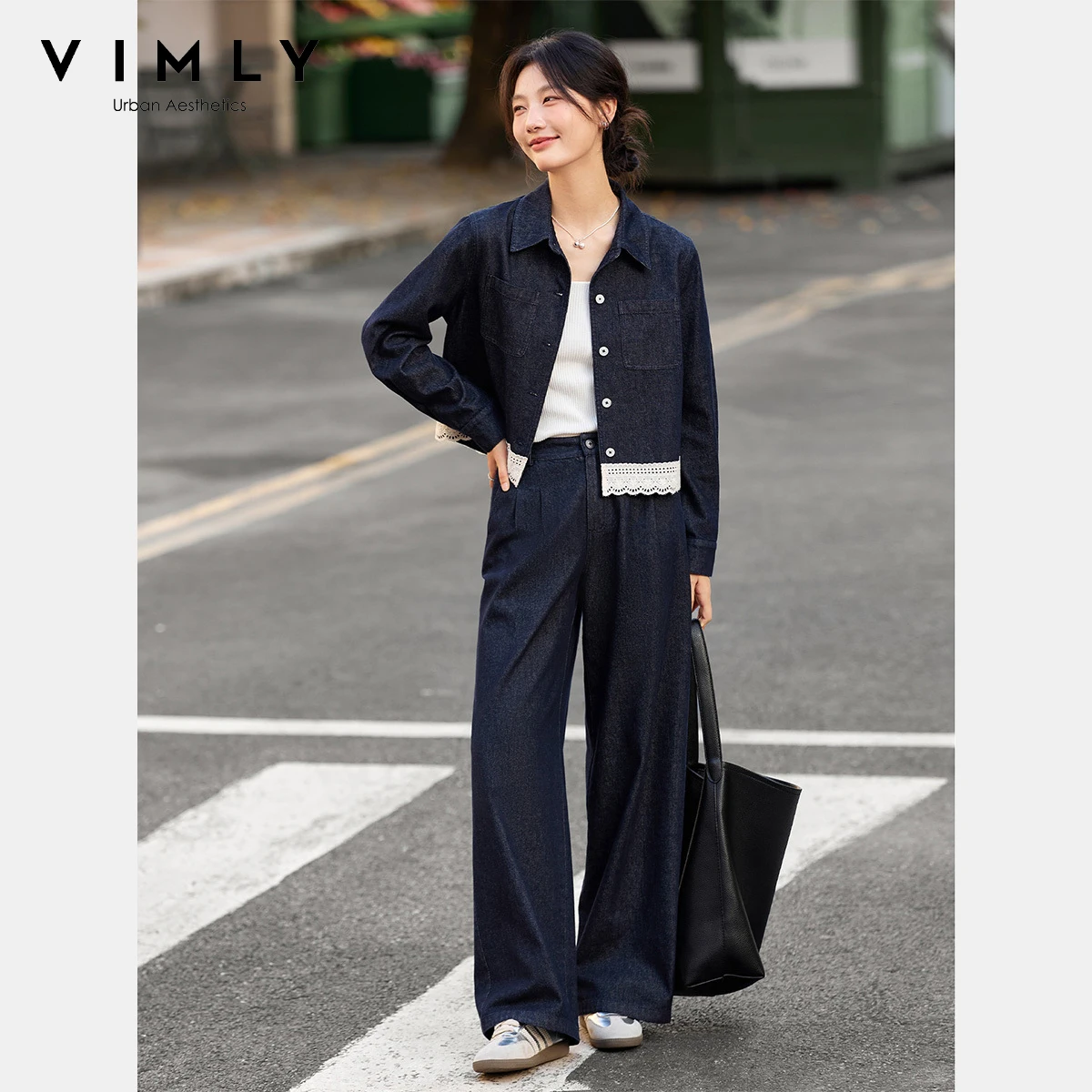 

VIMLY Women's Autumn Trouser Denim Pants Sets 2025 Elegant Lace Spliced Hem Polo Neck Coats Wide Legs Pants Two-piece Set A2366