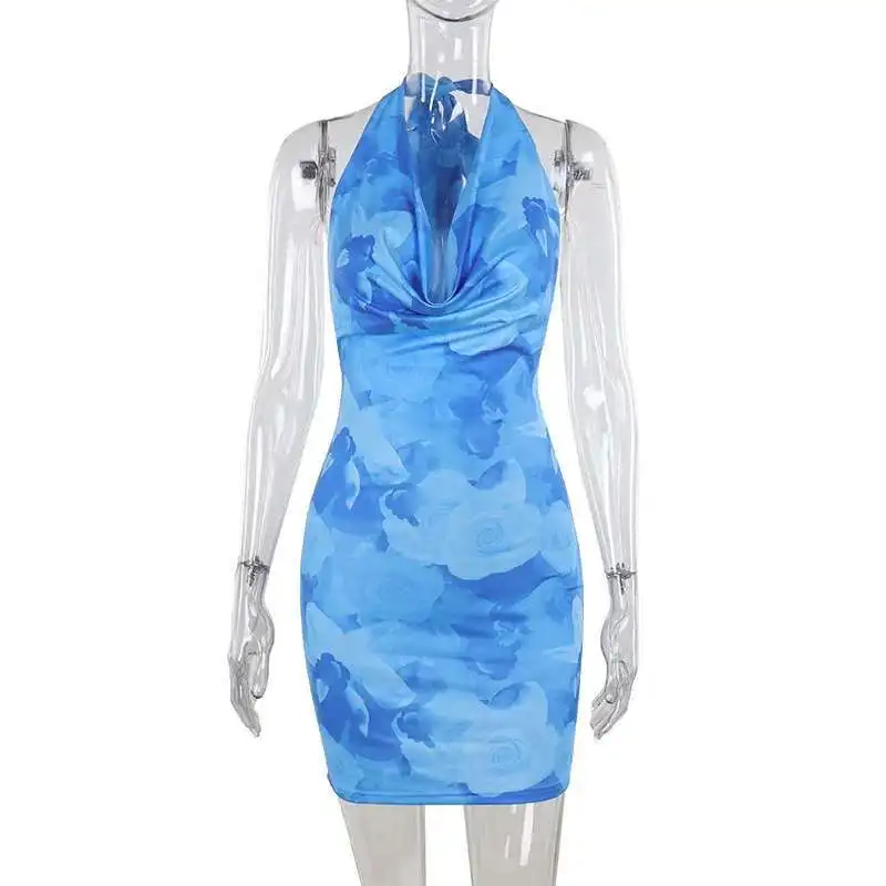 

2025 Zx24388 Autumn New New Women's Fashion Style Sexy Slimming Hanging Neck Pocket Neck Printed Bag Hip Skirt Vestido Women