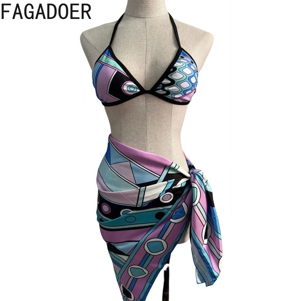 FAGADOER Sexy Bikinis Set 3 Piece Swimwear Woman 2025 Geometry Pattern Halter Backless Patchwork Tops +Underpants+ Lace Up Skirt