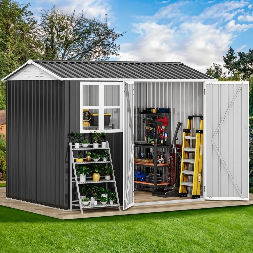 8x6ft Metal Outdoor Storage Shed with Window, Lockable Tool Storage Sheds, Oversized Steel Garden Sheds with Sloped Roof