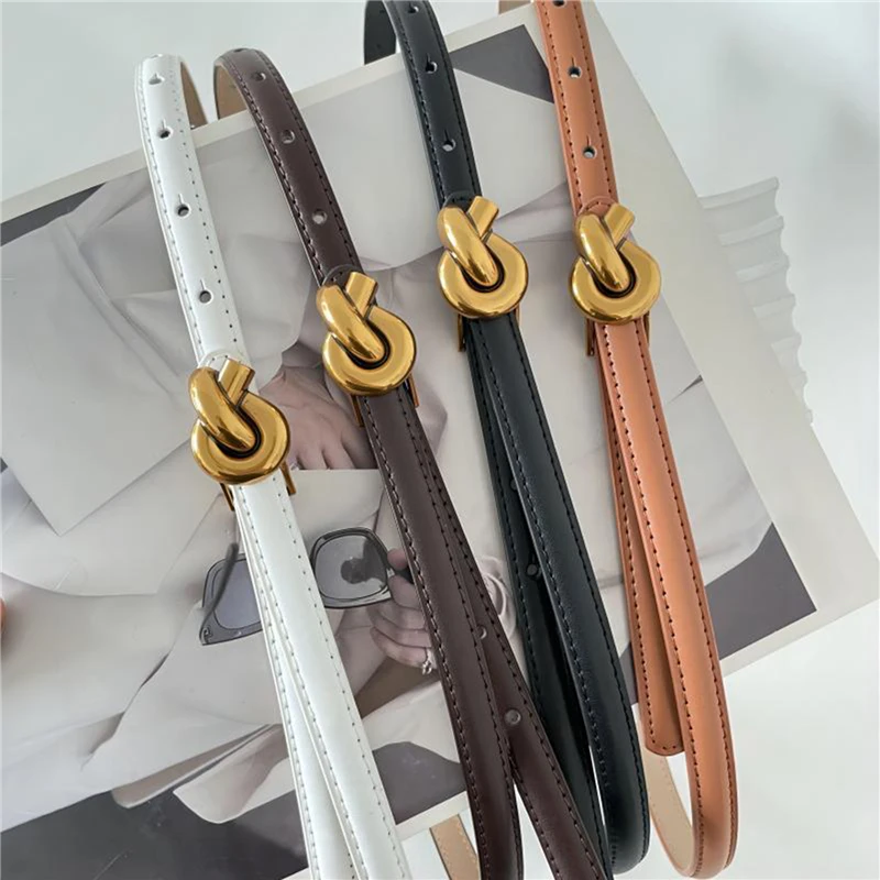 

Genuine Leather Women Fashion Belt Knot Buckle Waistband 1pc New Women's Simple Adjustable Belt Thin Waist Belt For Dress Jeans