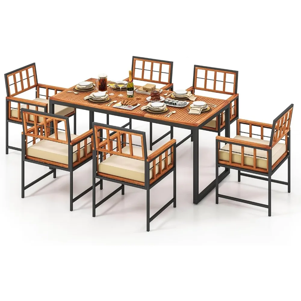 

7 Pieces Patio Dining Set, Outdoor Acacia Wood Table and Chairs with Soft Cushions and 1.96” Umbrella Hole for Backyard, Garden
