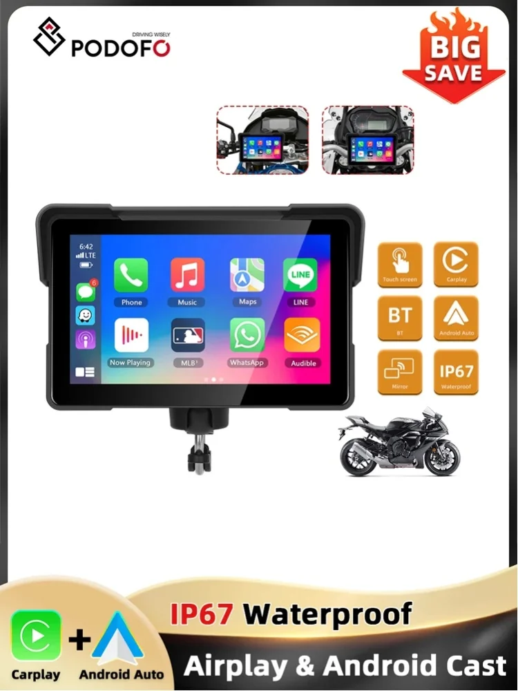Podofo 7'' Carplay Android Auto Motorrad Bluetooth EQ Sound Smart Screen Player IP67 Wasserdicht Airplay Android Cast Tragbarer Player