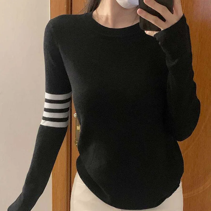 Spring Fashion Striped Versatile Slim O-neck Thin Sweaters Women's Clothing Vintage Elastic Long Sleeve Tops