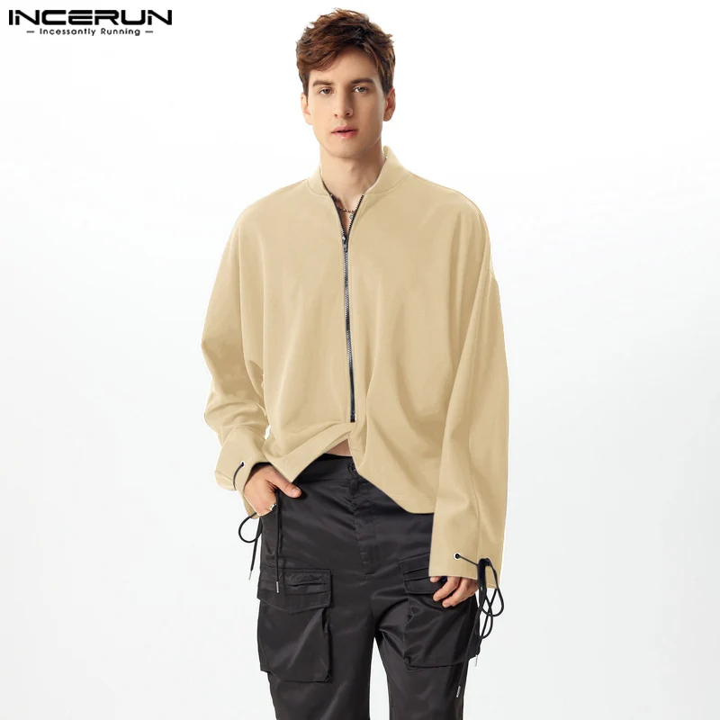 2024 INCERUN Elegant Men Long Sleeve Tops Casual Stand Collar Solid Color Hoodies Kink Design Zipper Handsome Loose Sweatshirts