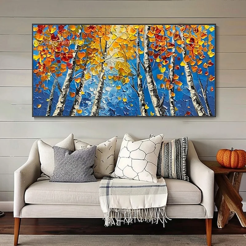Modern Brich Treescape Landscape Canvas Artwork Handpainted Blue Orange Forest Thick  Oil Painting Natural Home Wall Decor